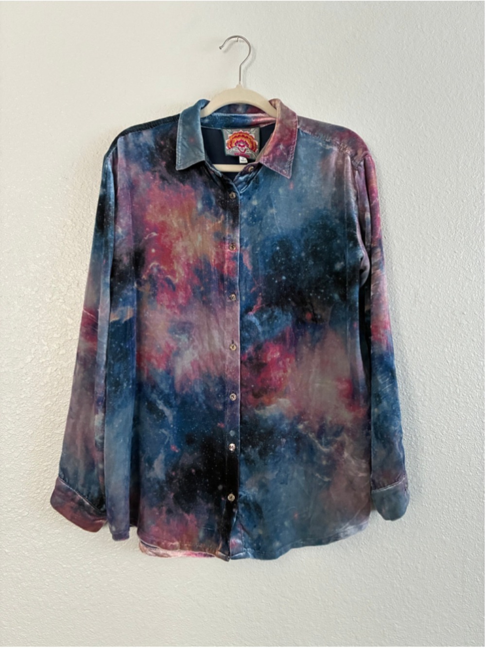 Women's Johnny Was Galaxy Print Button Down Shirt, Size S, Blue and Pink velvet